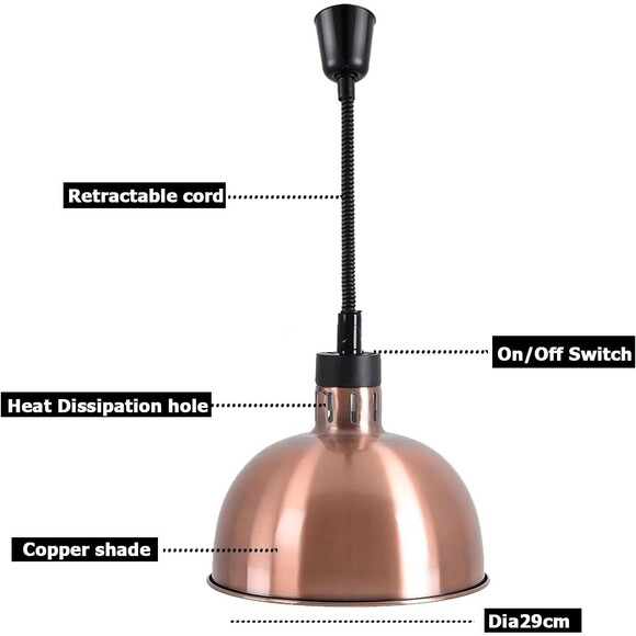 Hanging Food Heat Lamp Overhead Food Warmer Copper Finish Retractable (Dia 29cm) - Picture 8 of 10